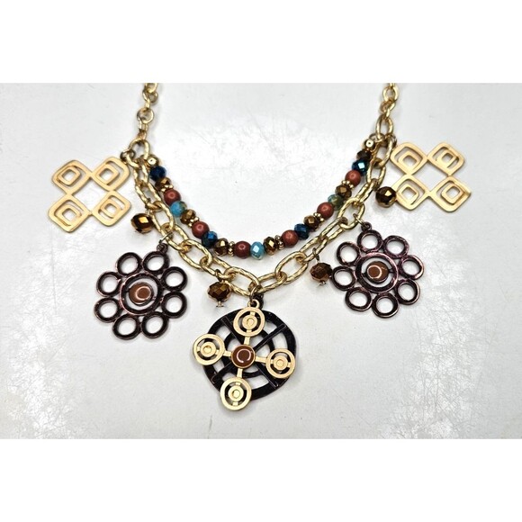 Gold Tole Layered Beaded Square Circle Eclectic Statement Necklace 19"L - Picture 3 of 4